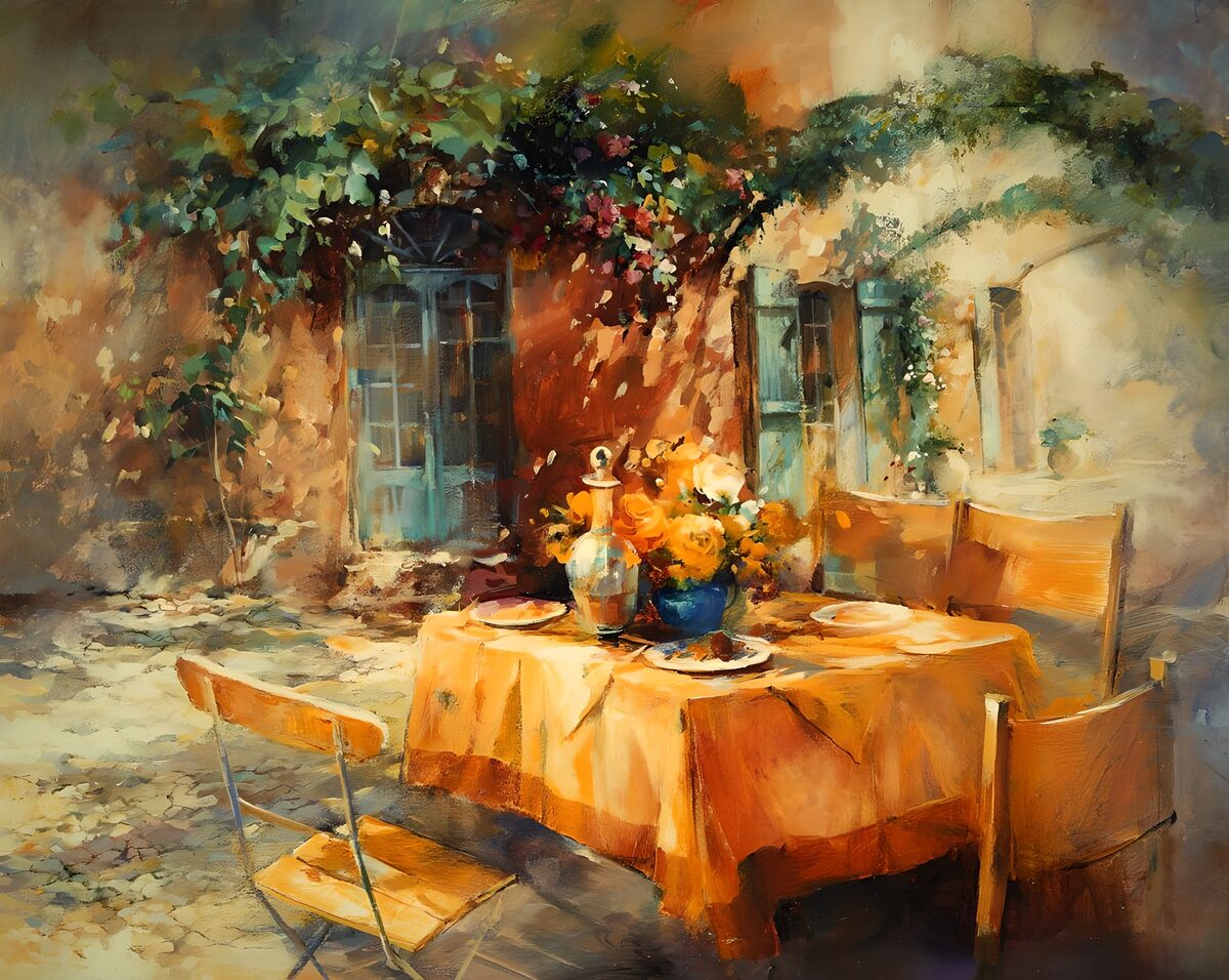 TPFR72459: Peinture avec table préparée pour un dîner romantique en plein air