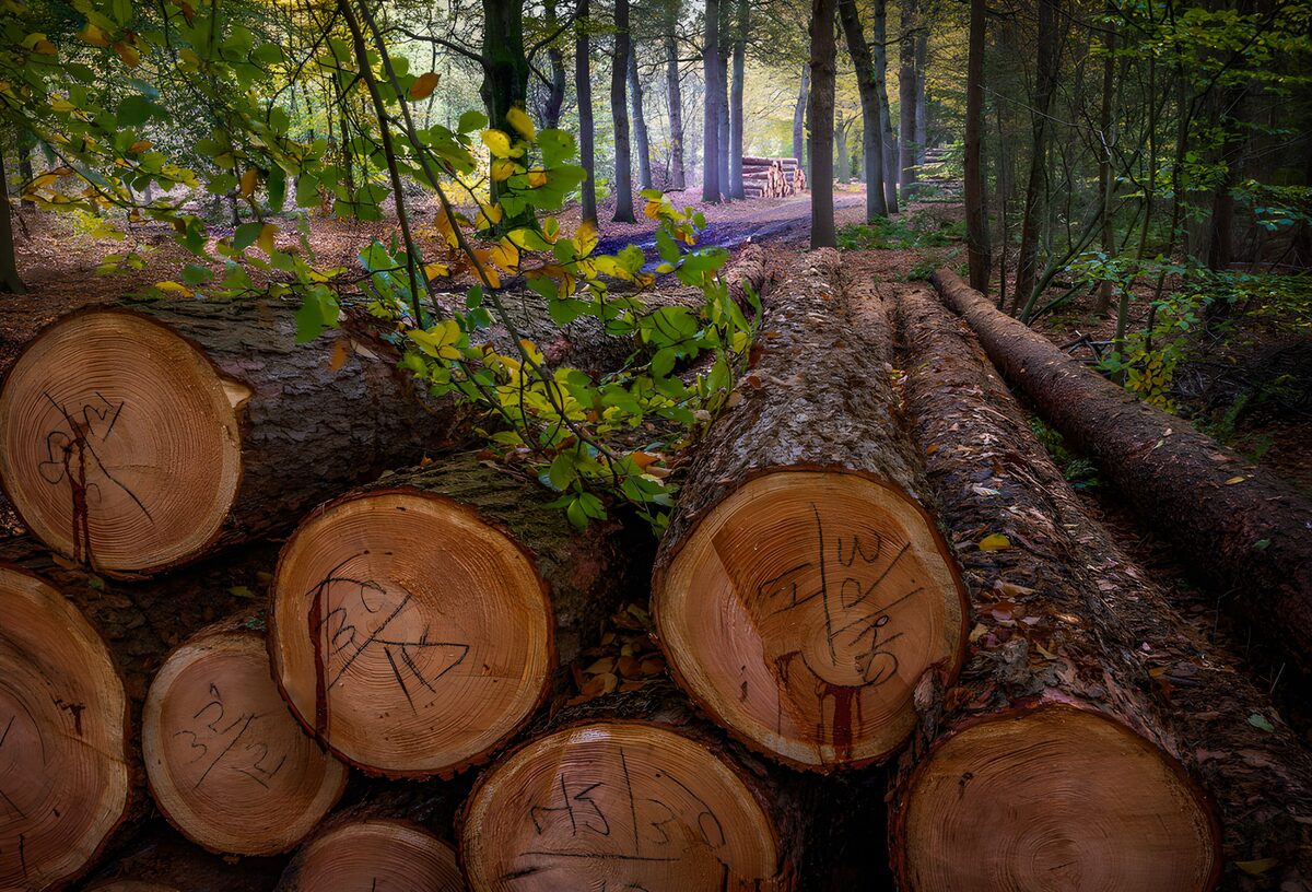 TPFR81254: Bûches fraîchement coupées dans la forêt