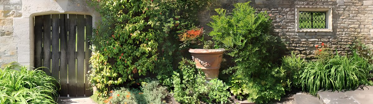 TPFR50293: Jardin fleuri avec porte en bois