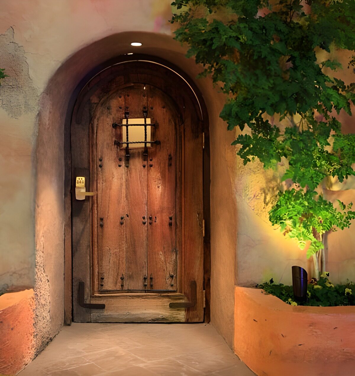 Entrée de maison féérique avec porte en bois et arbuste