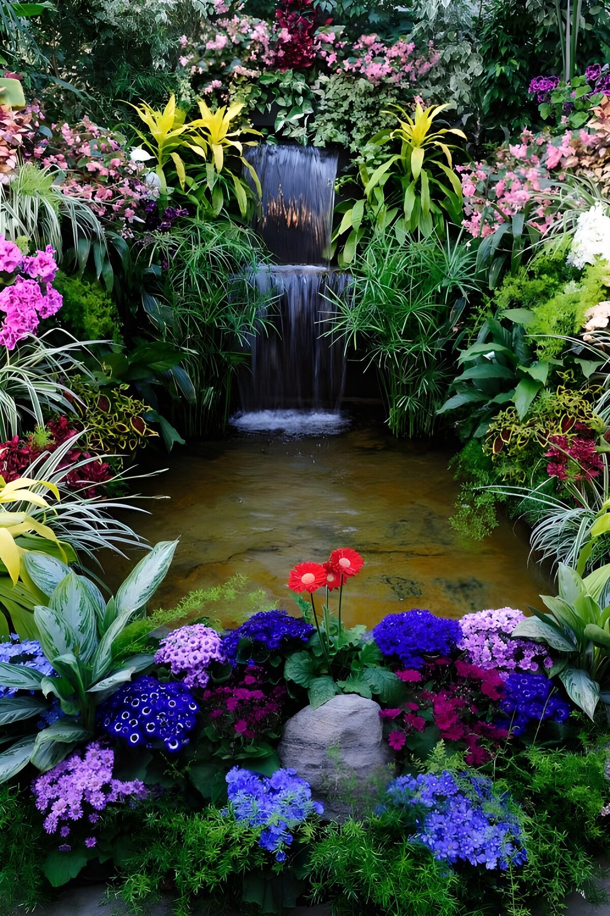 Cascade florale et jardin luxuriant