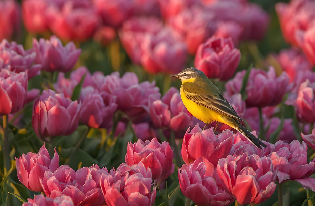 TPFR55020: Un oiseau jaune parmi les tulipes roses