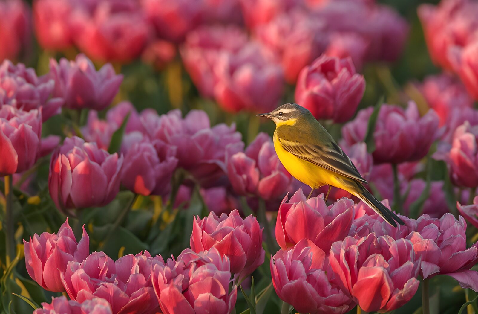 TPFR55020: Un oiseau jaune parmi les tulipes roses