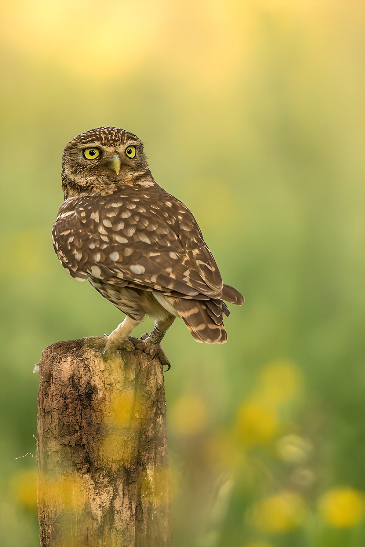 Hibou des champs sur un tronc