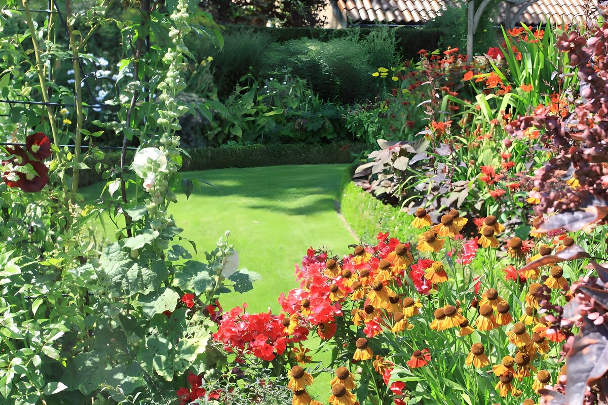 Jardin fleuri et pelouse en arrière-plan
