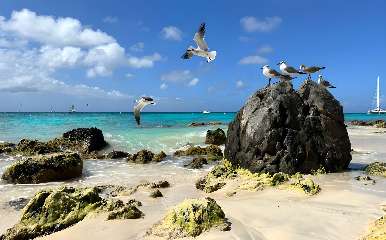 TPFR61290: : Plage ensoleillée avec oiseaux marins