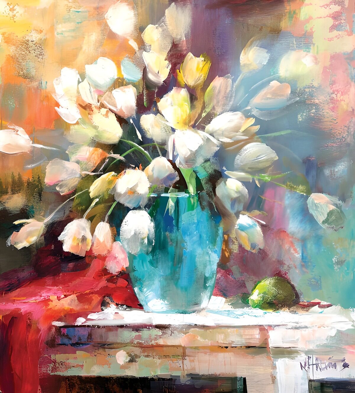 Bouquet de tulipes blanches en vase turquoise
