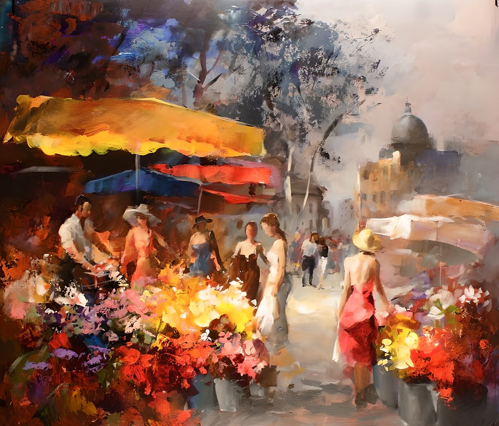 TPFR26562: Peinture d'une échoppe de marché avec des fleurs
