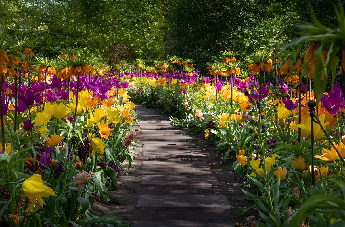 Allée colorée dans le jardin fleuri