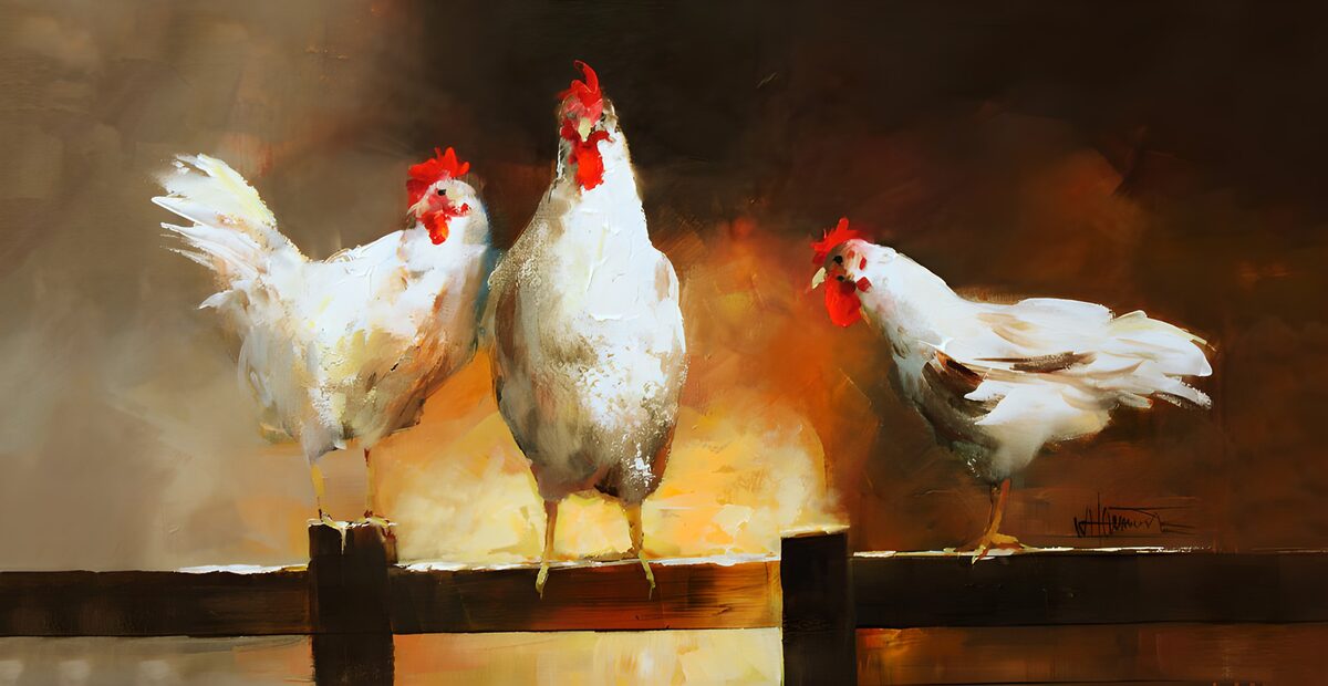 TPFR18753: Trois poules sur une clôture artistique