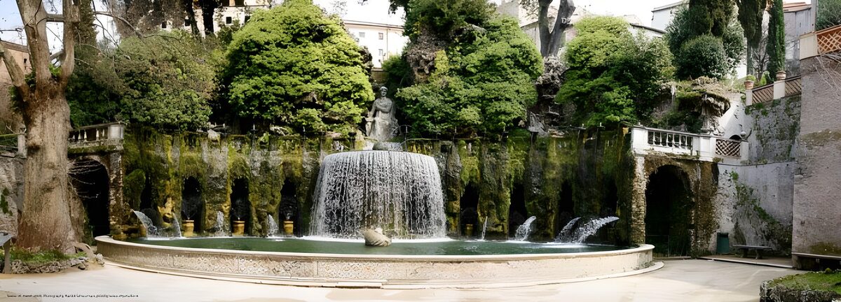 Fontaine et jardin luxuriant