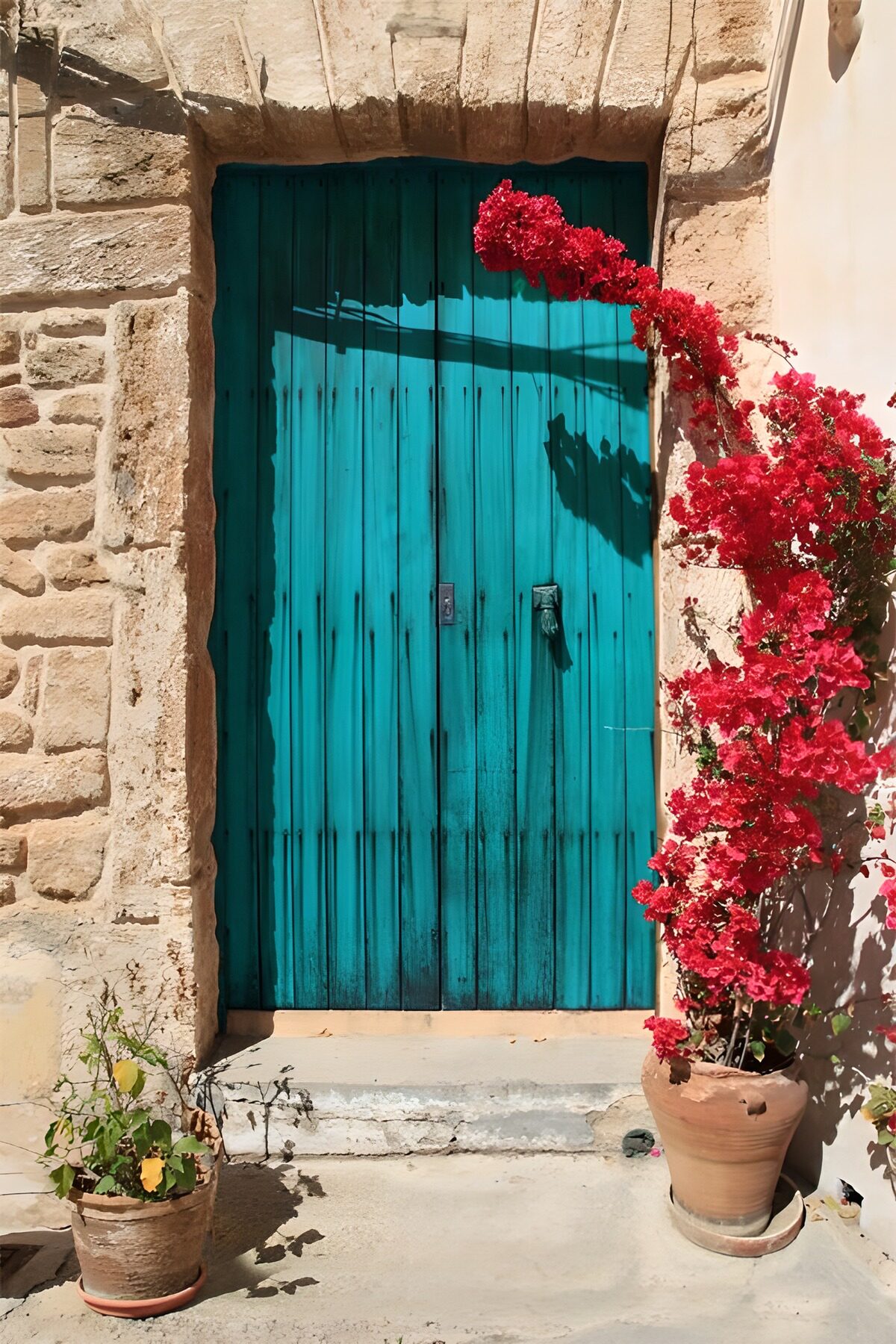 TPFR82293: Porte turquoise avec fleurs colorées