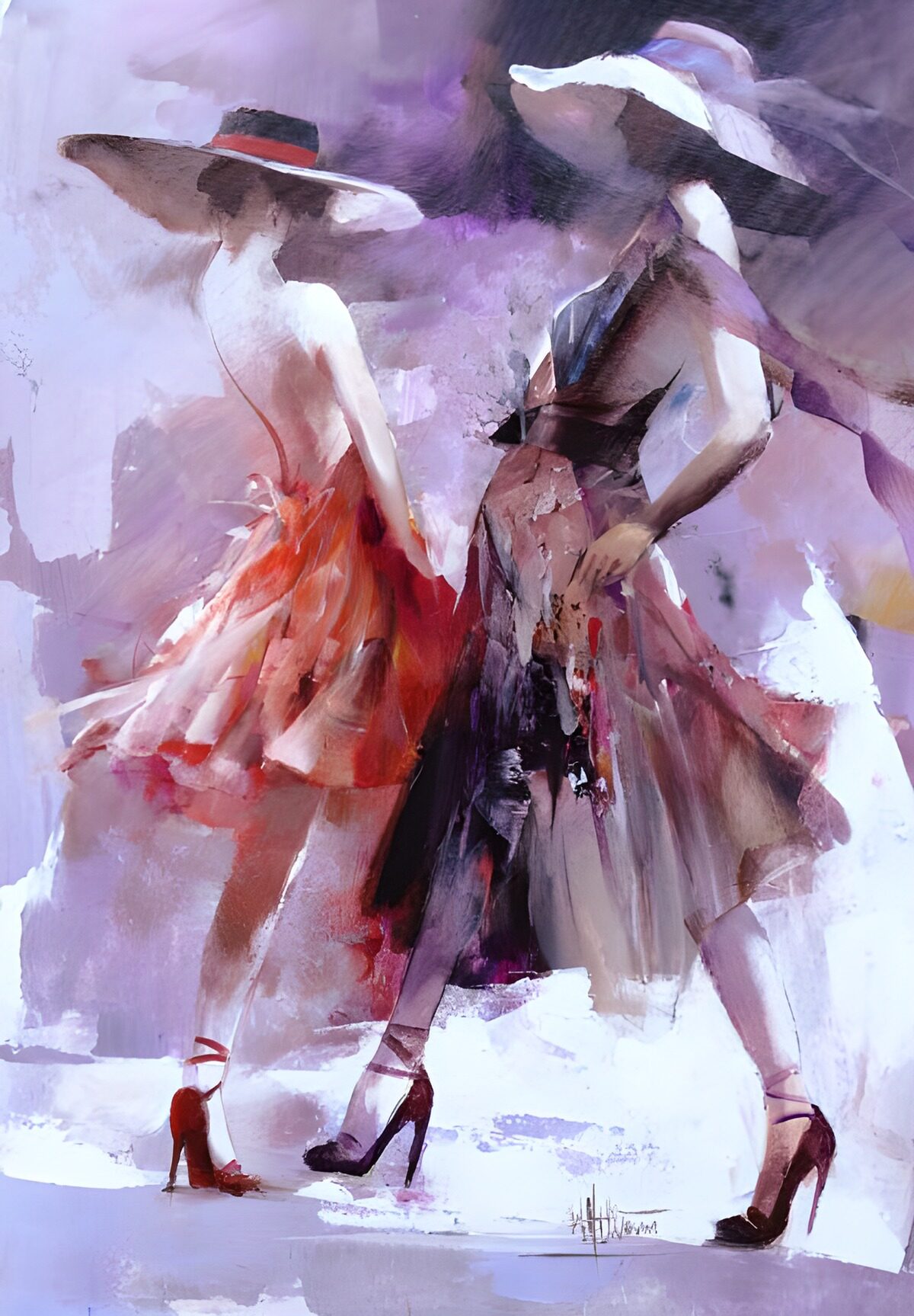 Peinture de deux dames en hauts talons habillées mode