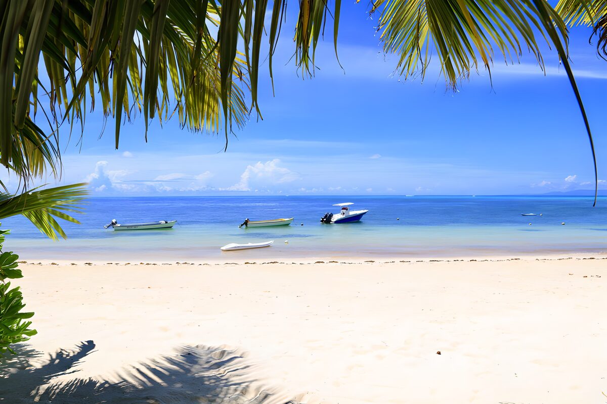 TPFR97346: Plage tranquille avec bateaux colorés