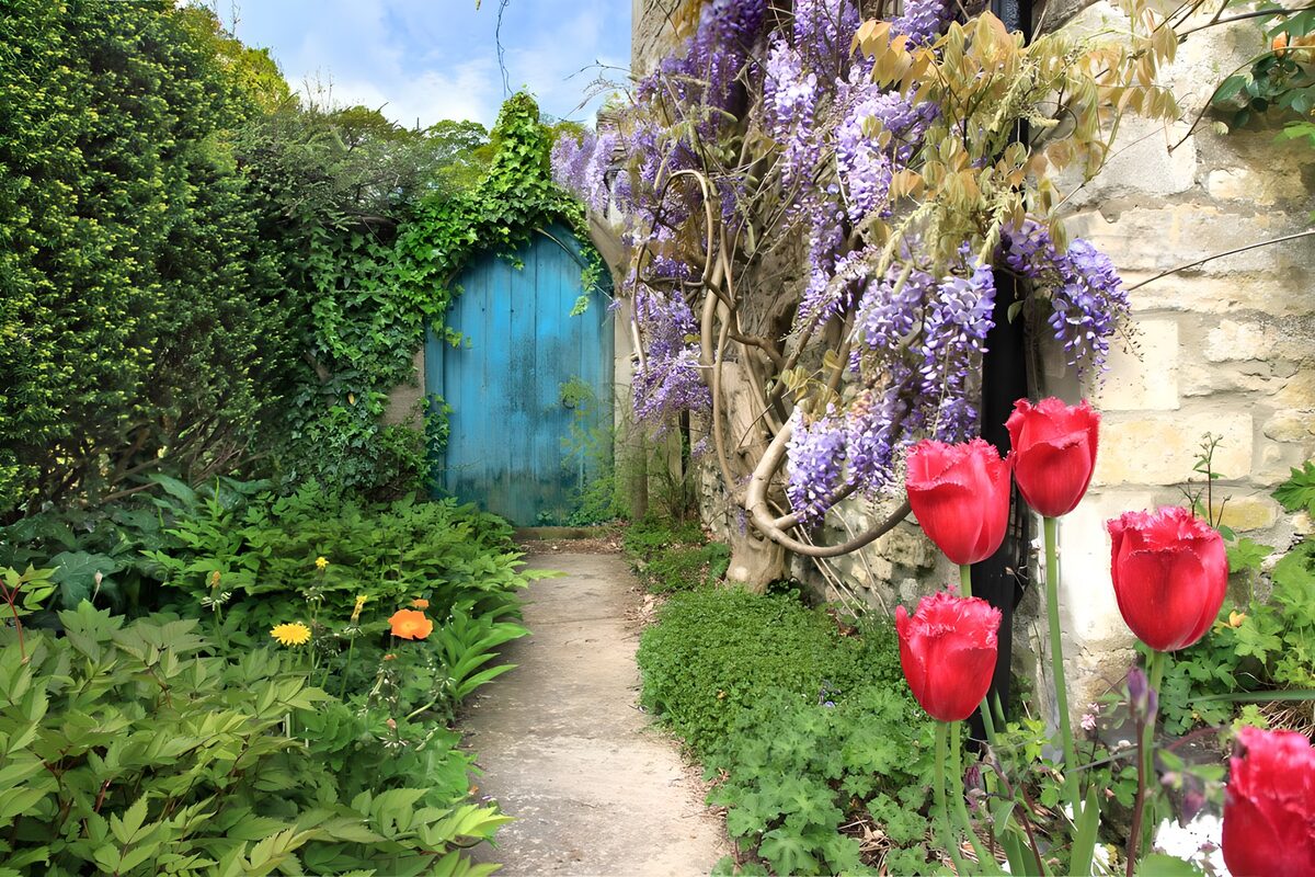 Jardin fleuri avec porte bleue