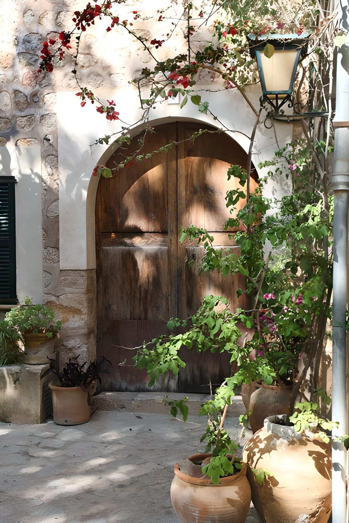 Grande porte en bois surmontée d'une lanterne et bordée de plantes et de pots 2