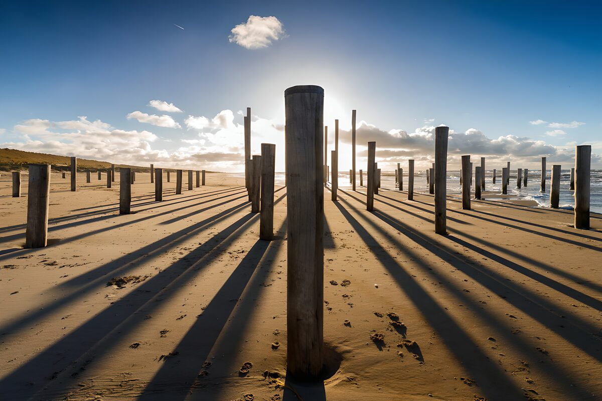 TPFR30482: Ombres des poteaux sur la plage