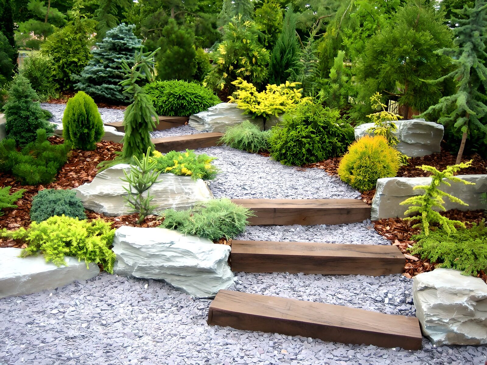 TPFR87266: Sentier caillouteux et escalier sur fond de conifères