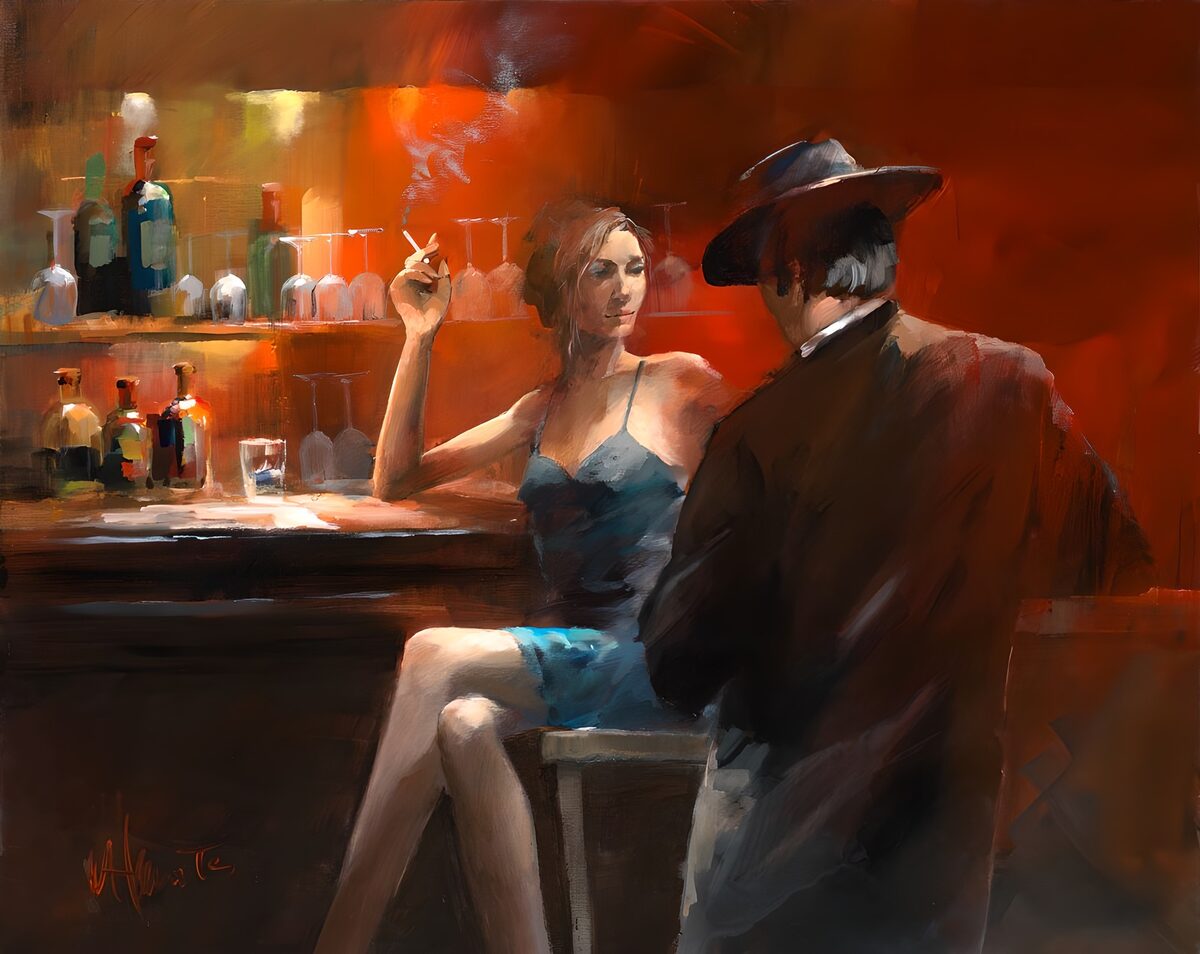 Peinture d'un homme debout et d'une femme fumant une cigarette dans un bar