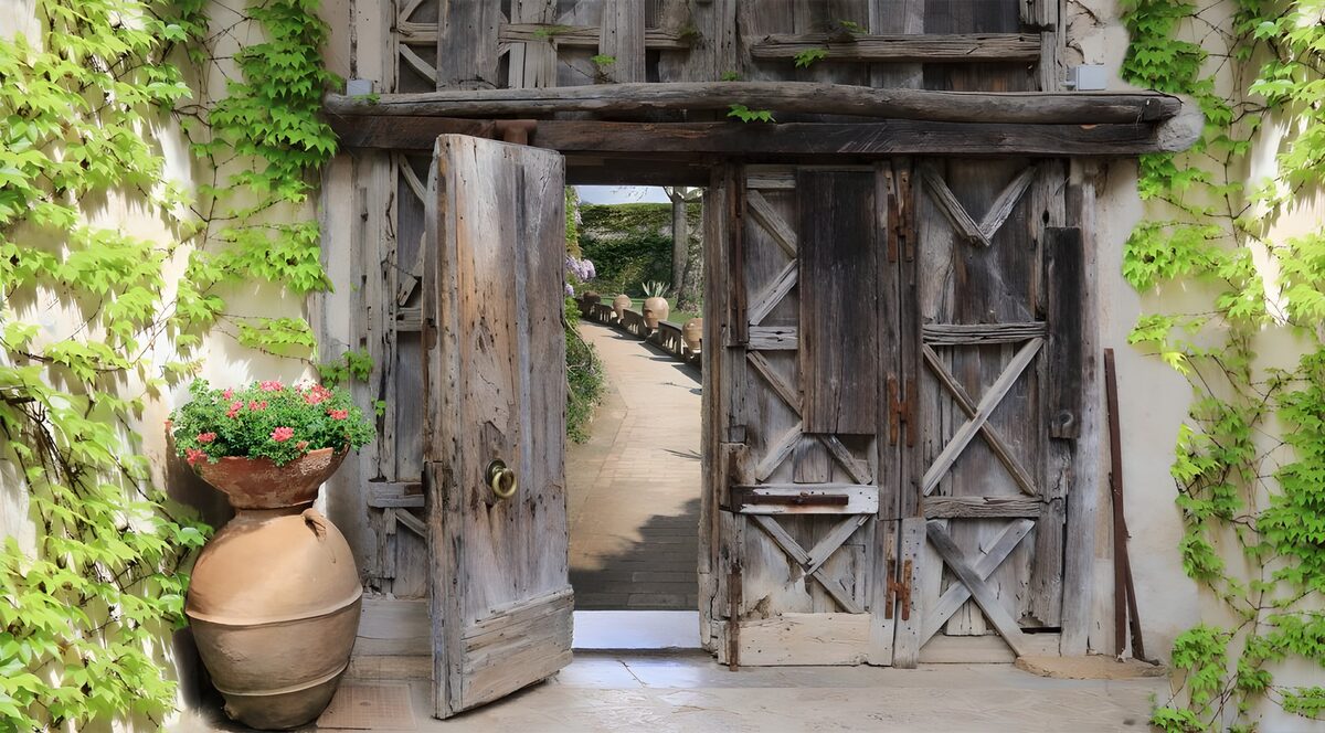 TPFR66232: Porte en bois ancien entourée de verdure