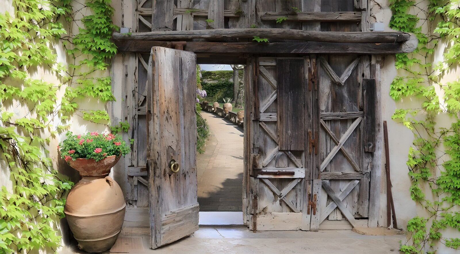 TPFR66232: Porte en bois ancien entourée de verdure