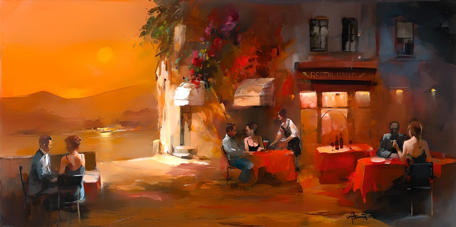 TPFR12535: Peinture d'un restaurant espagnol avec terrasse romantique version 1