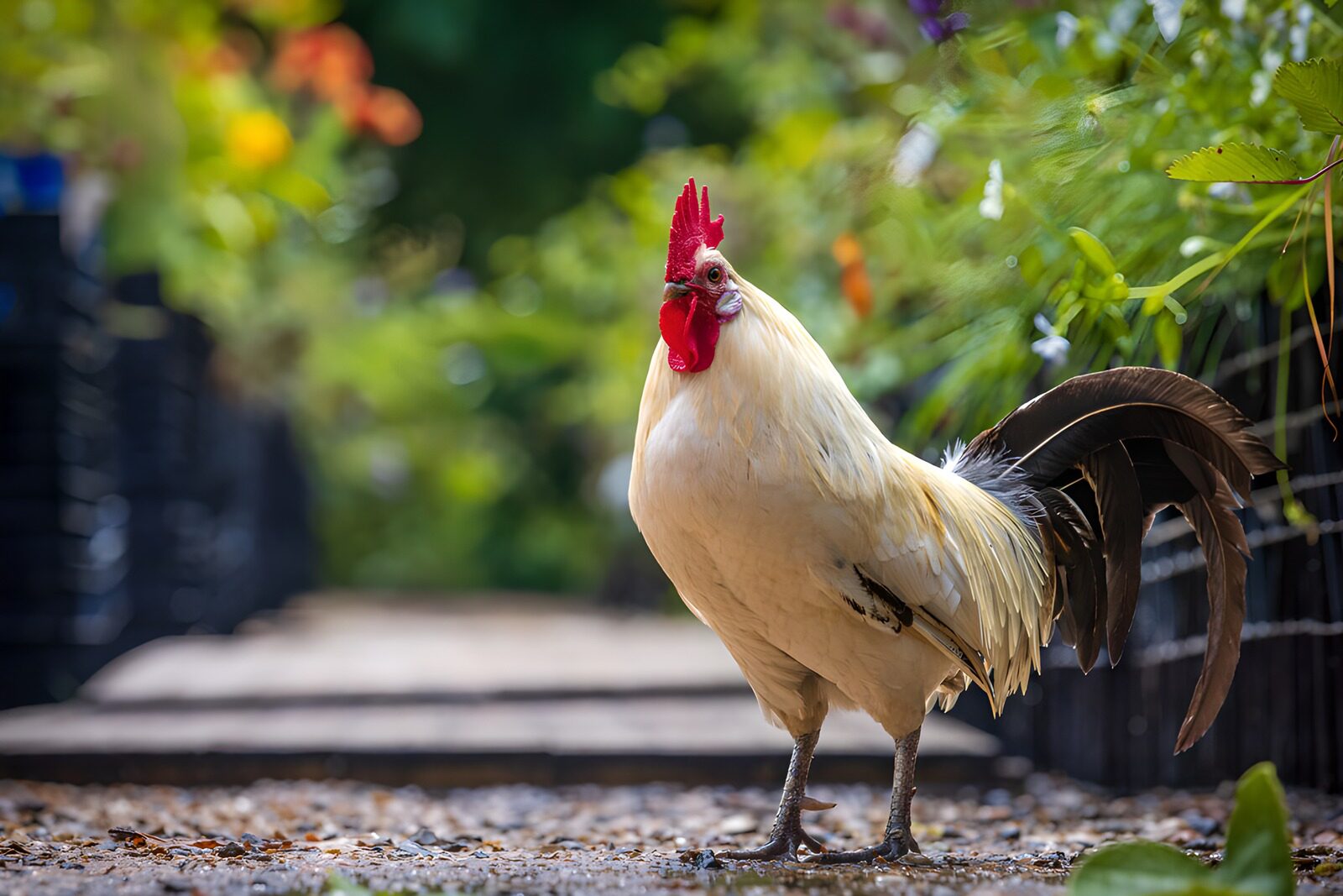 TPFR61734: Coq blanc dans un jardin