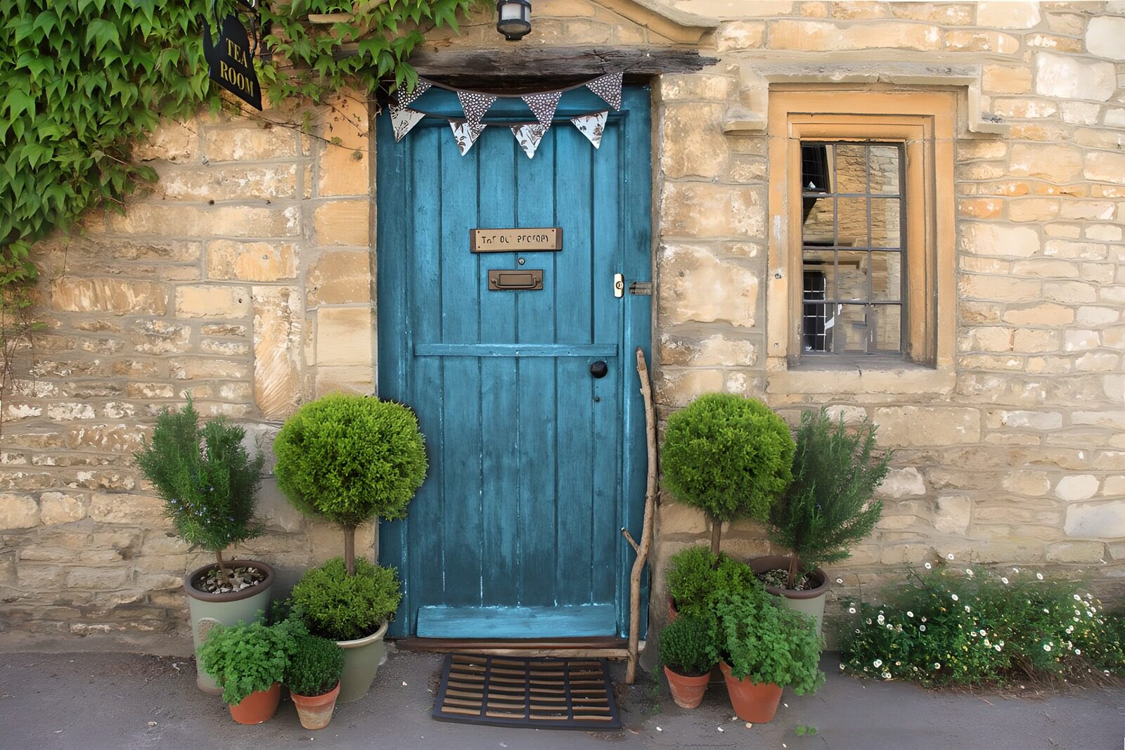 TPFR71391: Porte bleue charmante d'un salon de thé
