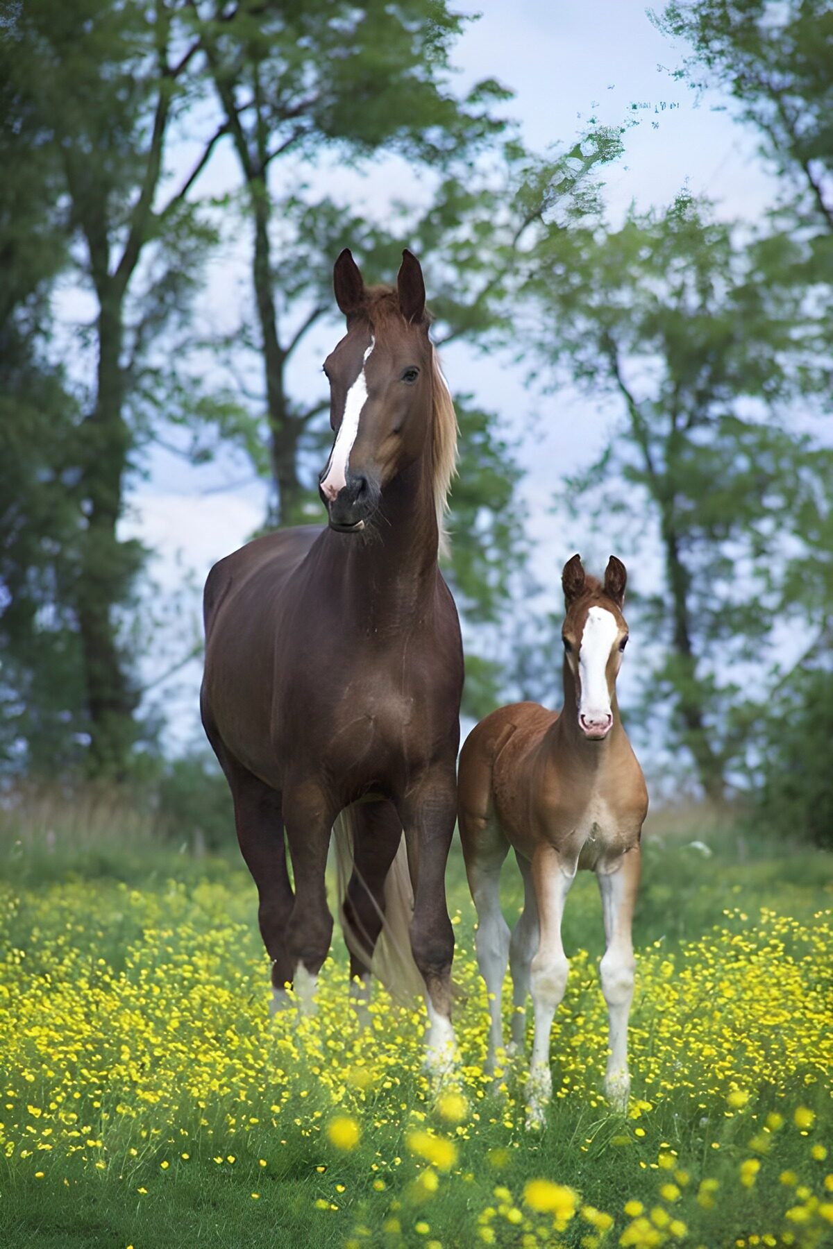 Mère et poulain dans un champ fleuri