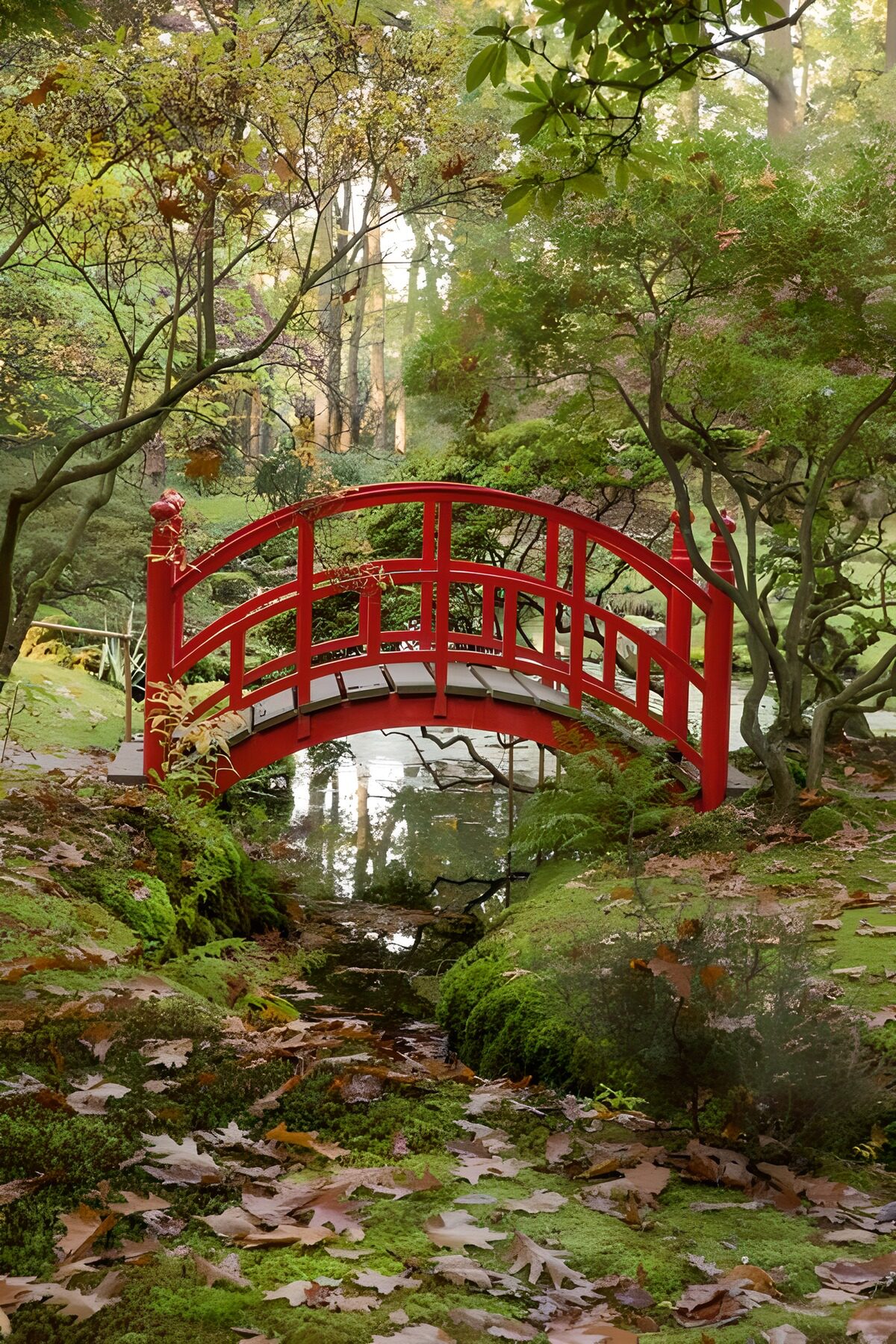 TPFR58047: Pont rouge dans un jardin paisible