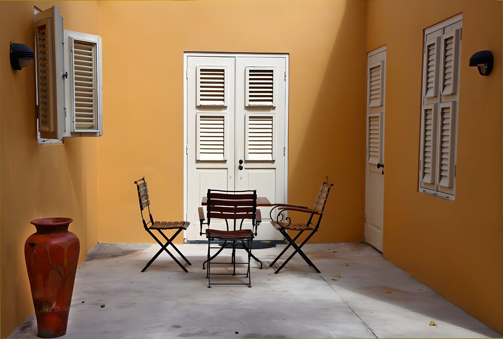 TPFR32454: Cour intérieure aux murs jaunes avec table et chaises