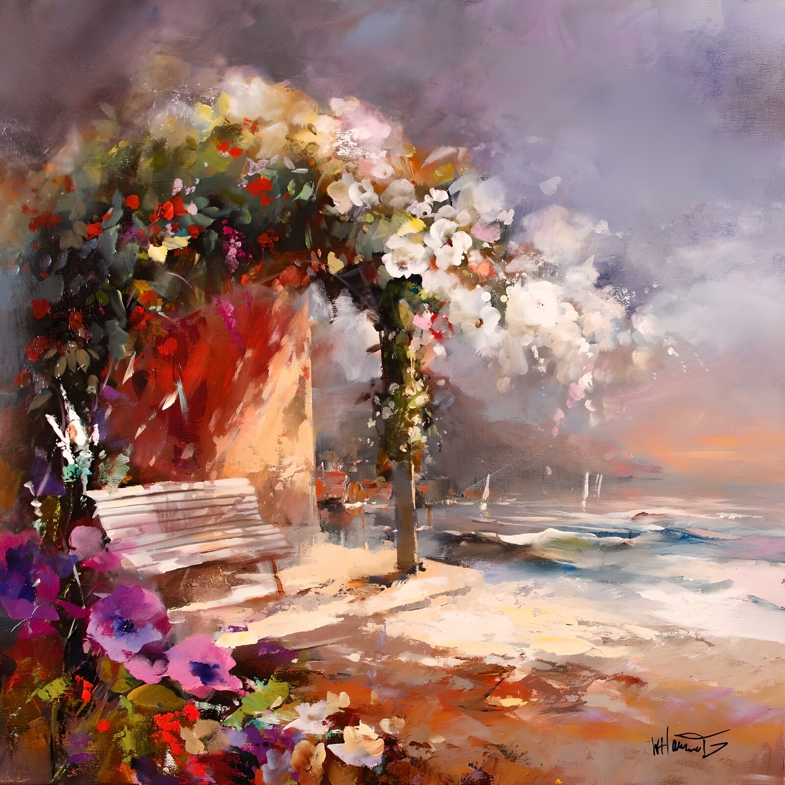 TPFR63178: Peinture d'une pergola garnie de fleurs avec chaises et vue sur la mer version 2