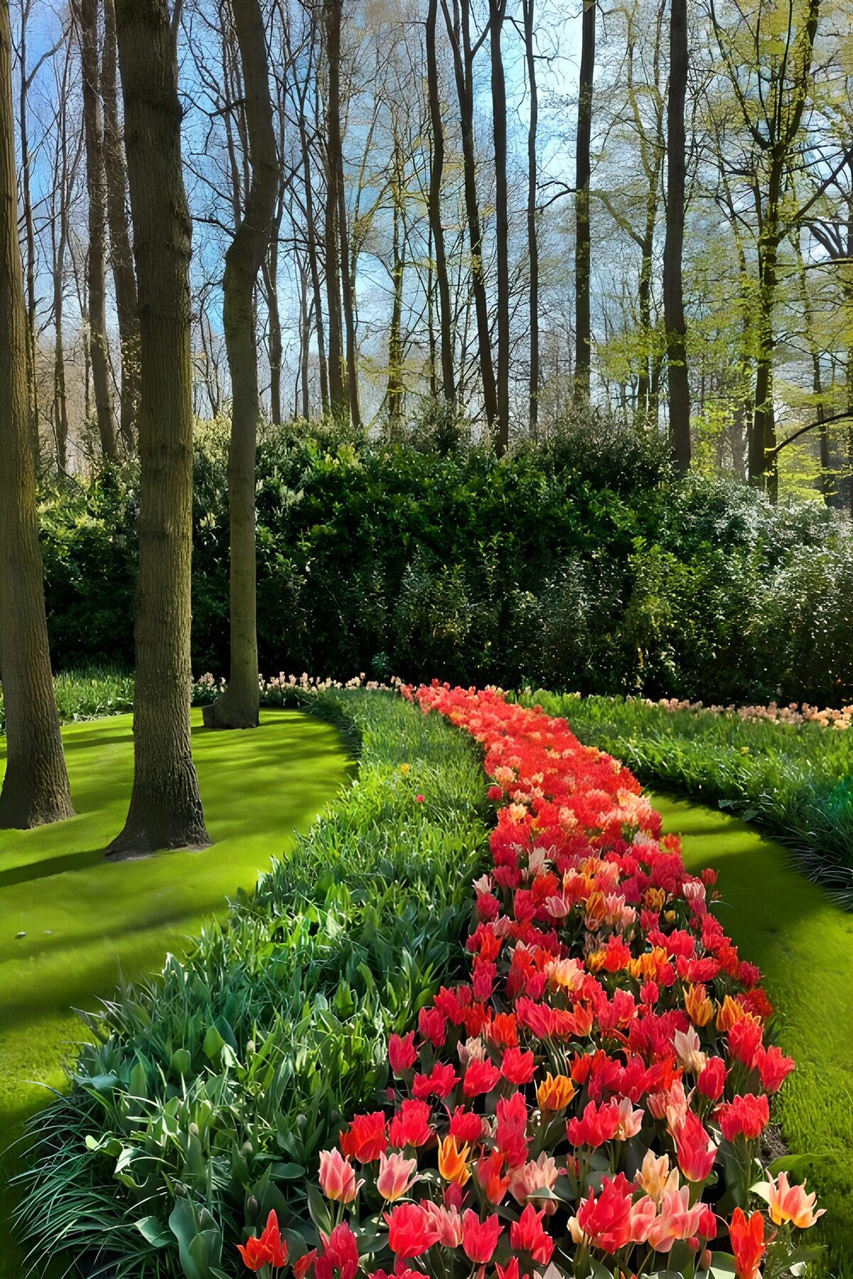 Chemin fleuri entre les arbres