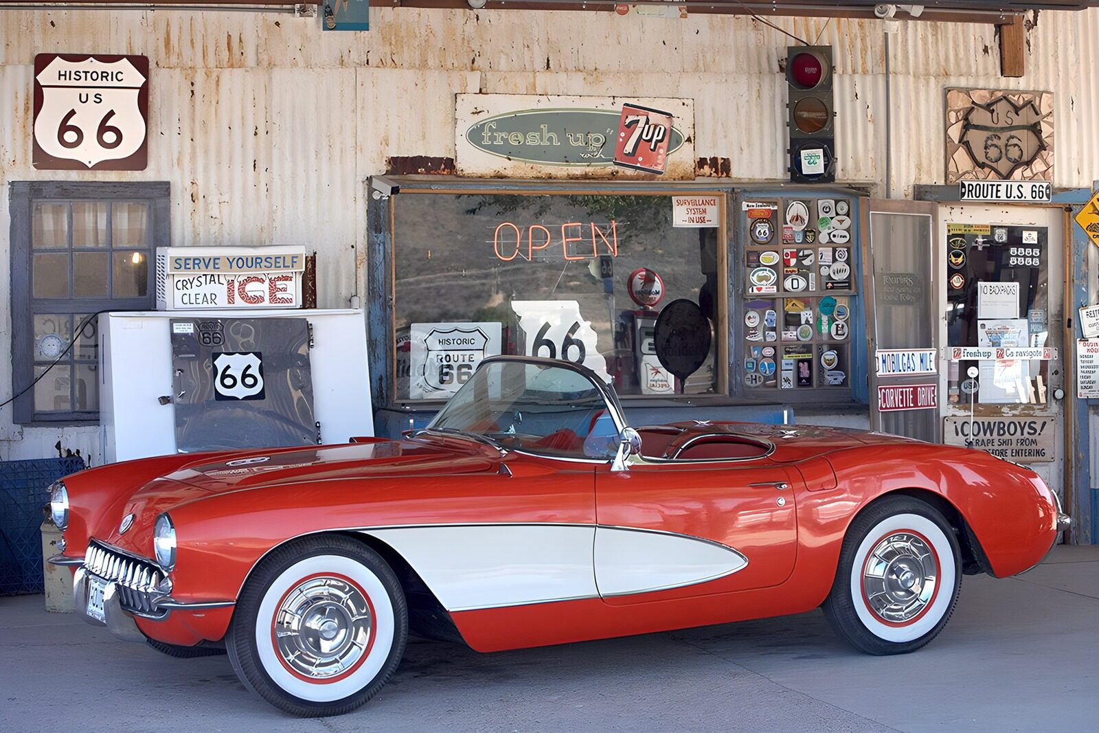 TPFR86170: Corvette rouge sur la Route 66