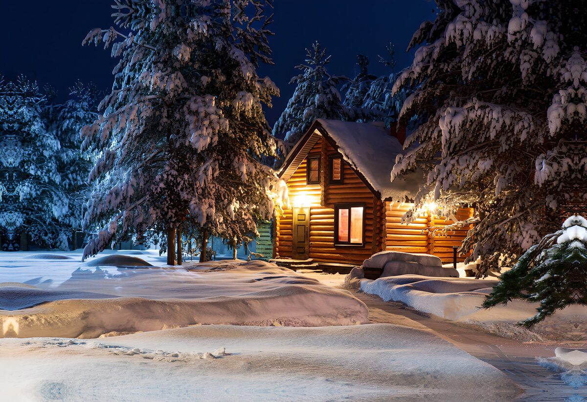 Cabane en bois dans la neige brillante