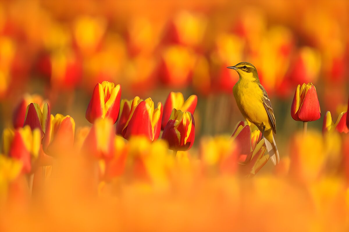 TPFR41880: Un oiseau au milieu des tulipes colorées