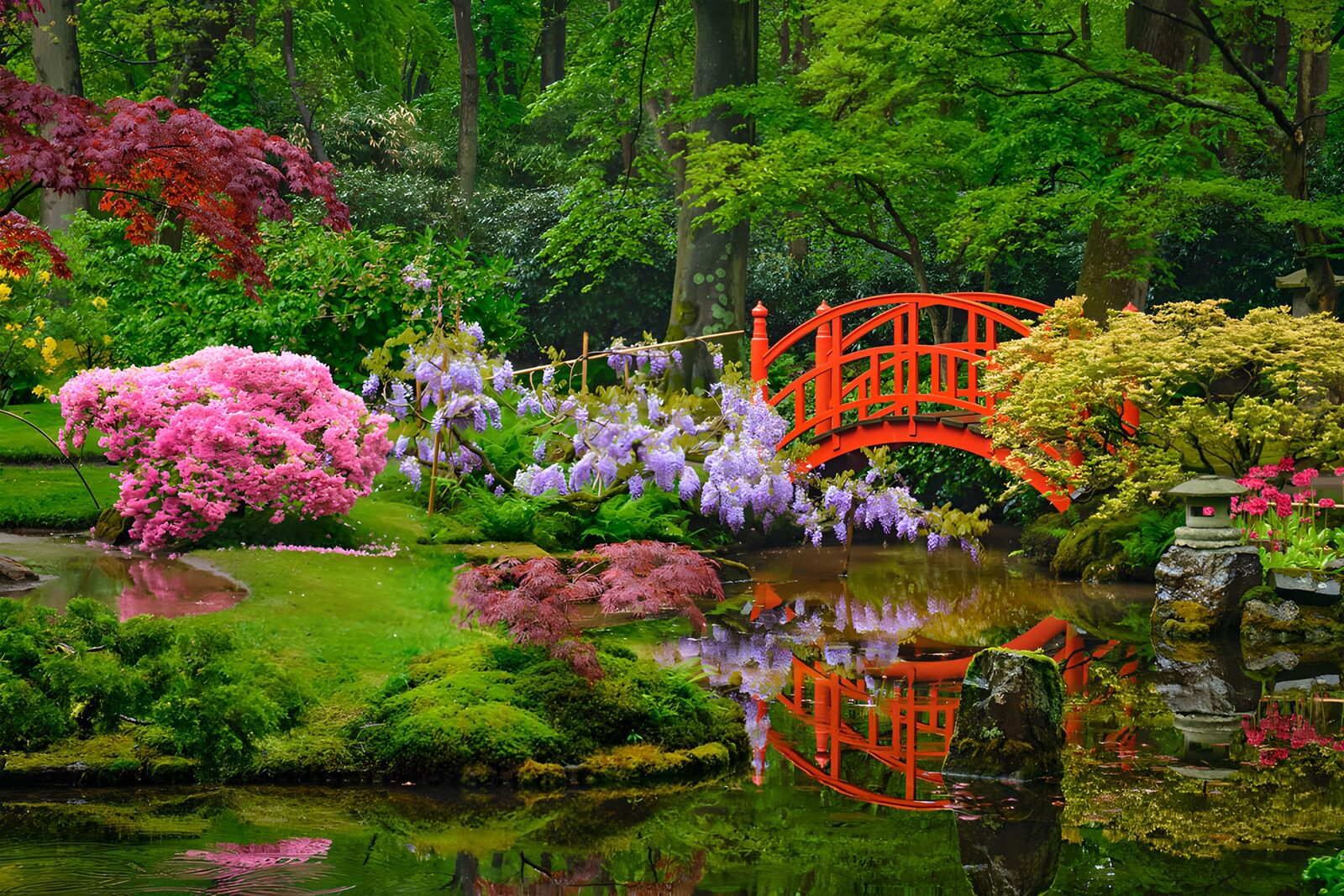 TPFR27345: Jardin paisible avec un pont rouge