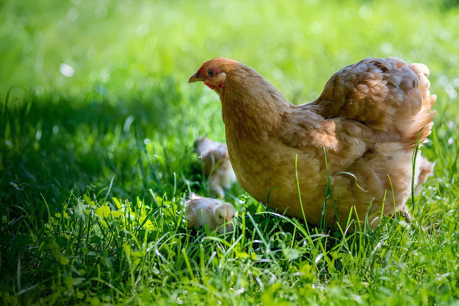 TPFR19376: Poule et ses poussins dans l'herbe
