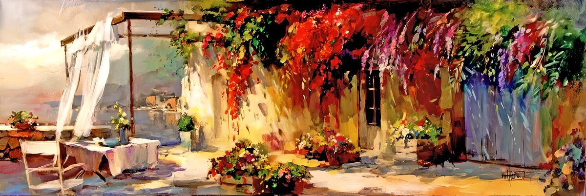 Peinture d'une pergola garnie de fleurs avec chaises et vue sur la mer version 3