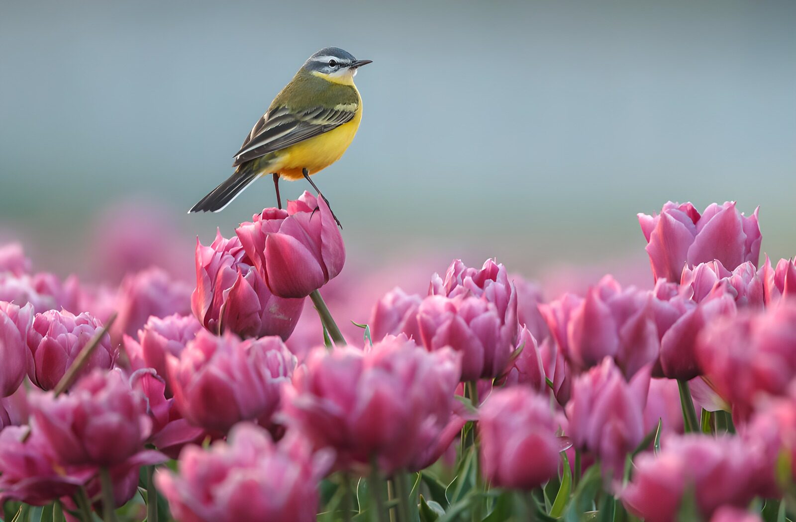 TPFR58223: Un oiseau parmi des tulipes roses