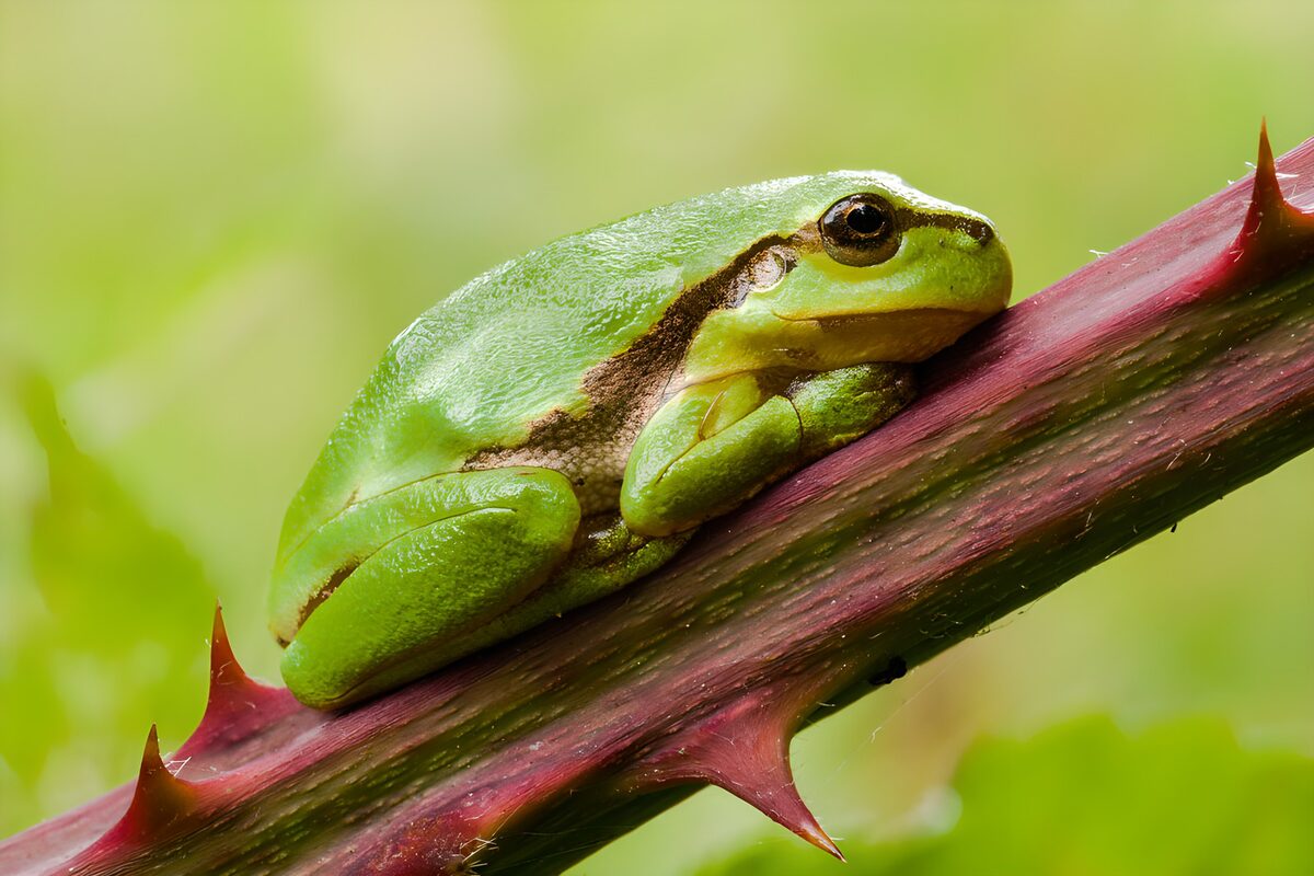 Grenouille verte sur une tige épineuse