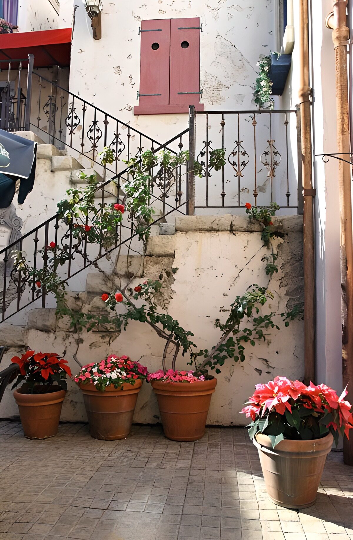 TPFR65096: Cour intérieure avec escalier à balustrade en fer forgé et fleurs