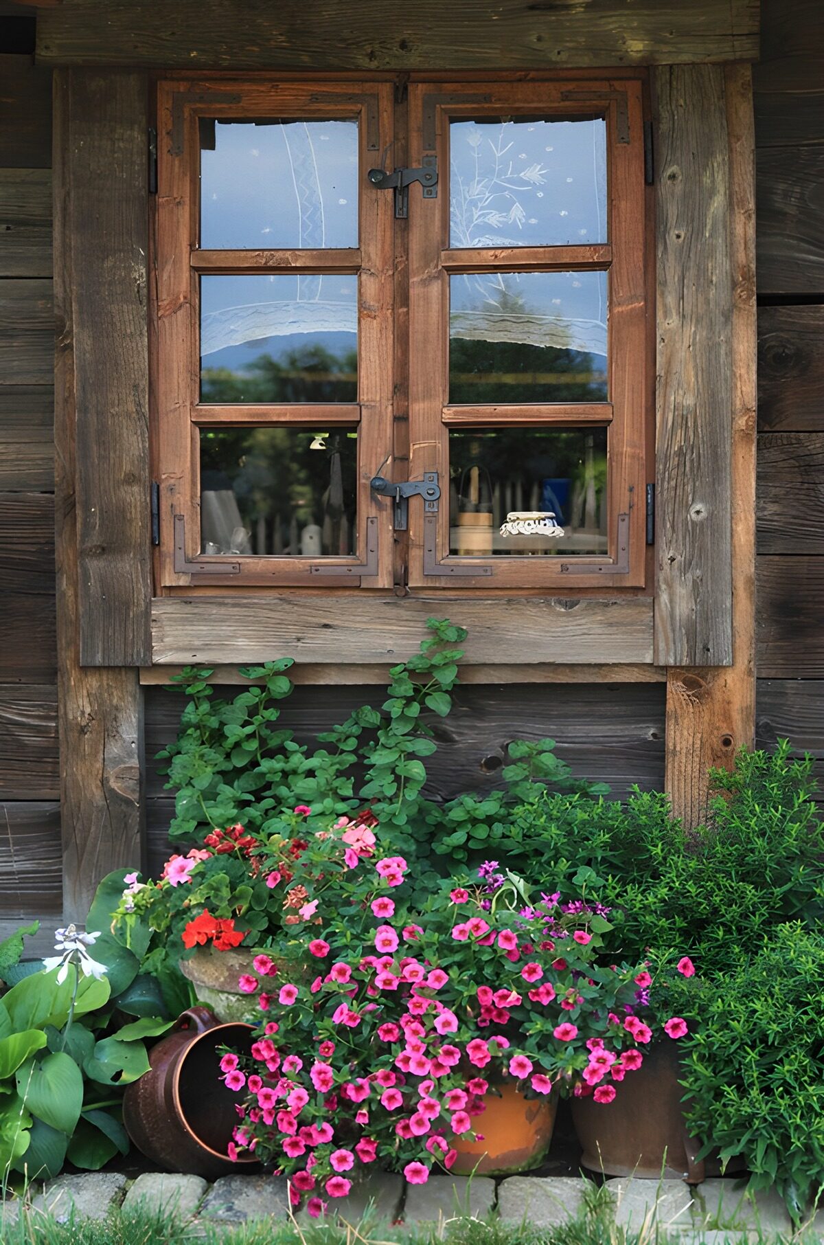 Fenêtre en bois avec fleurs colorées