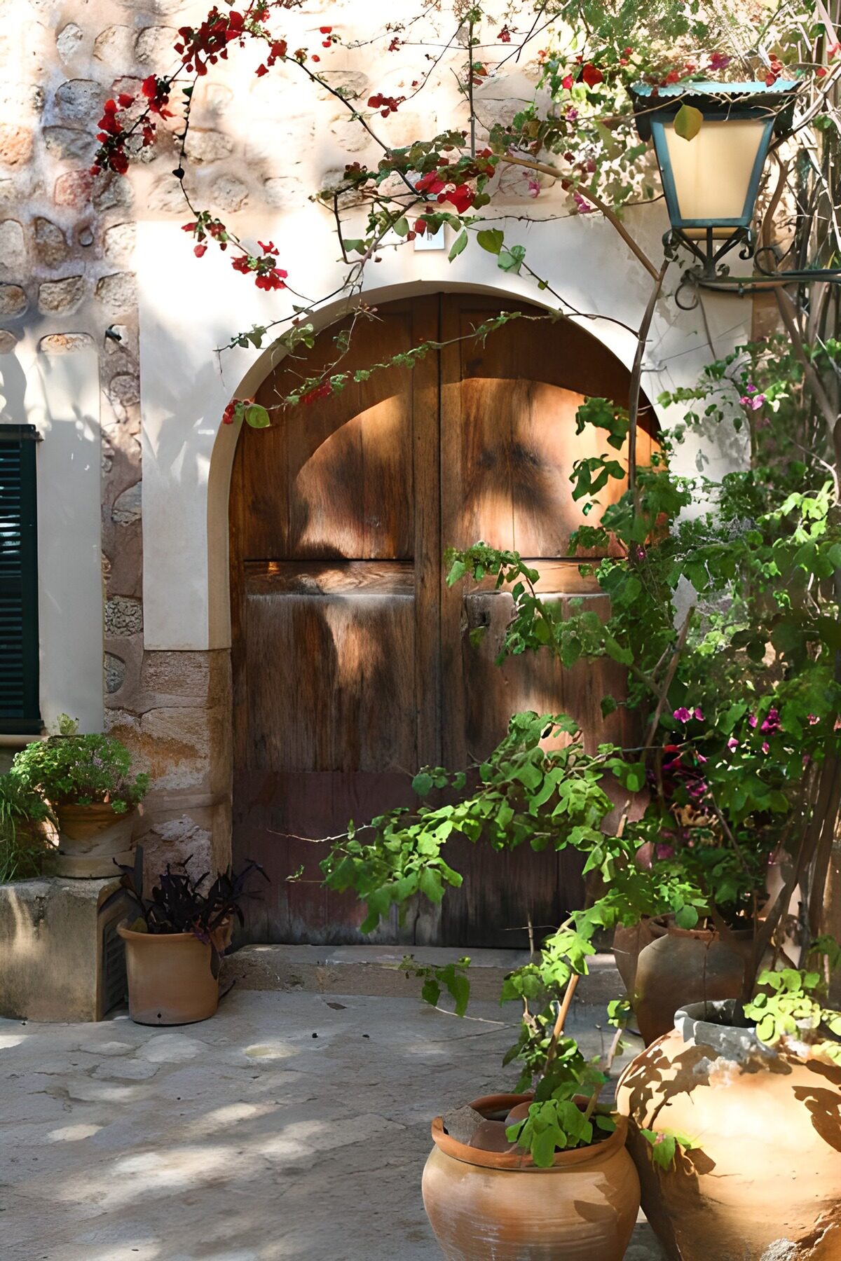 Grande porte en bois surmontée d'une lanterne et bordée de plantes et de pots 2