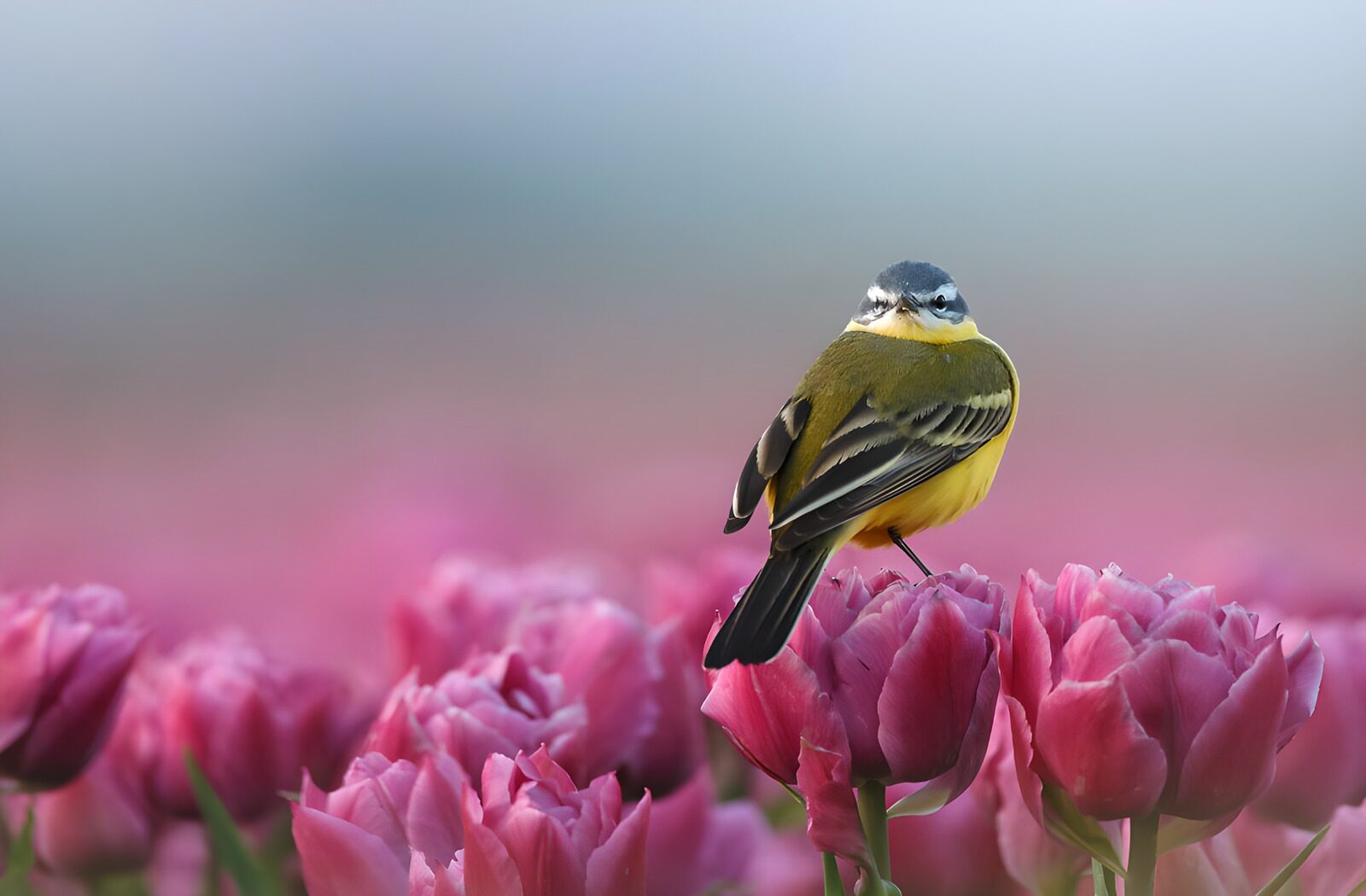 TPFR97849: Oiseau coloré au milieu des tulipes