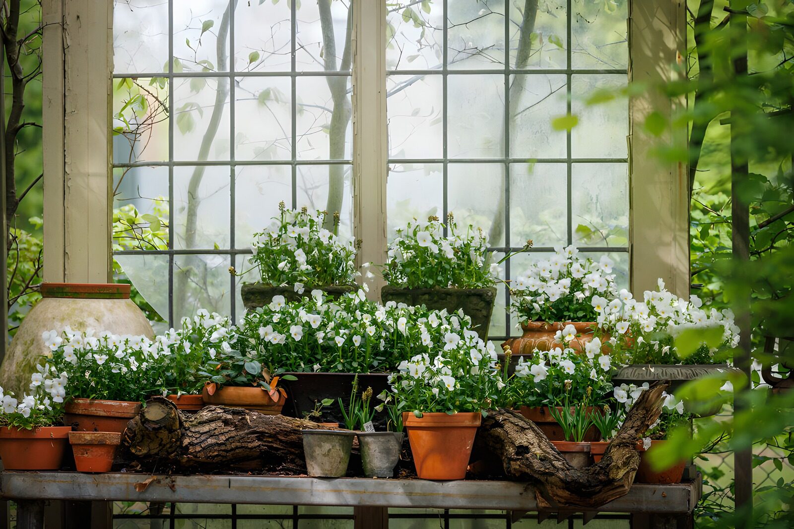 TPFR90787: Fleurs blanches dans une serre lumineuse