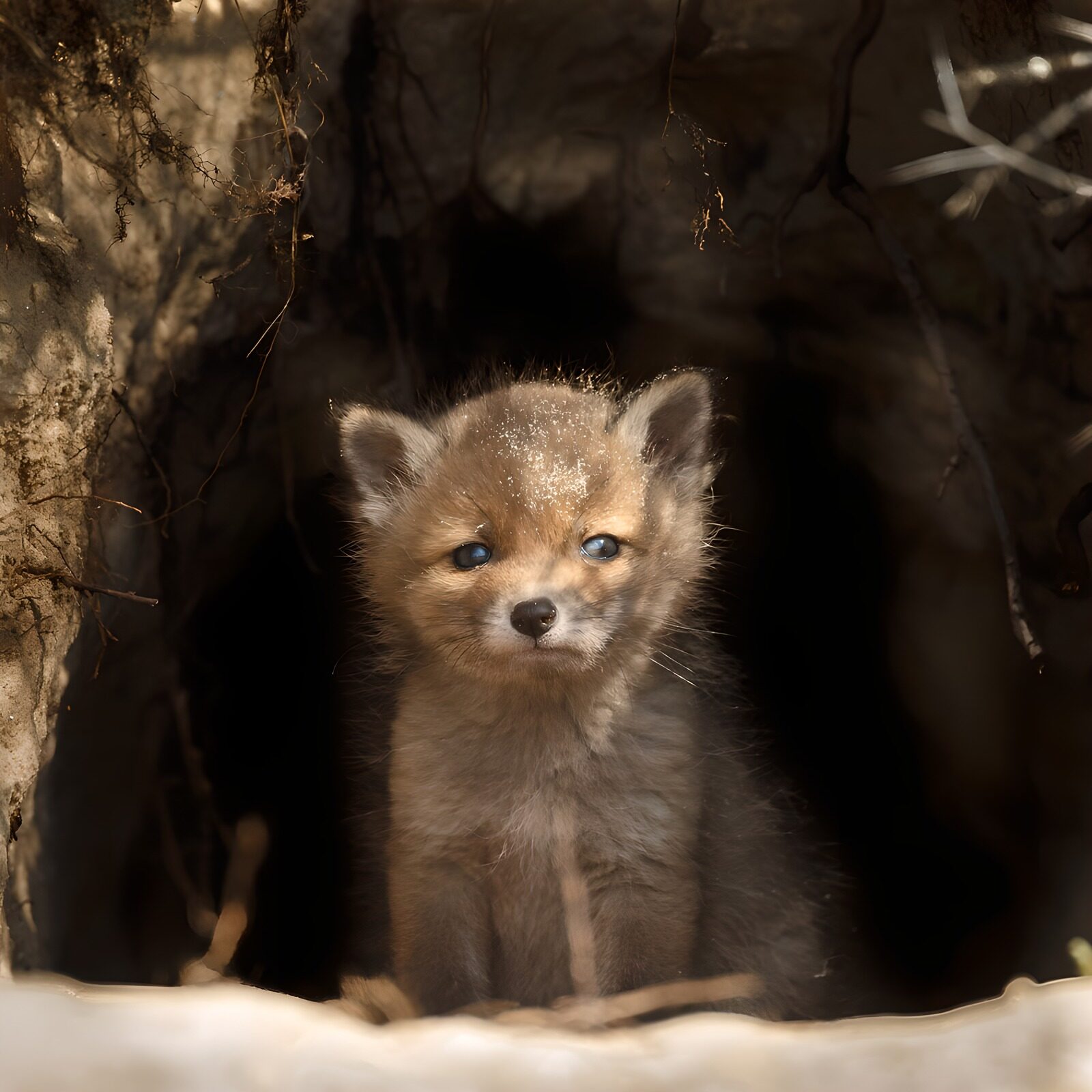 TPFR76676: Petit renard sortant de son terrier