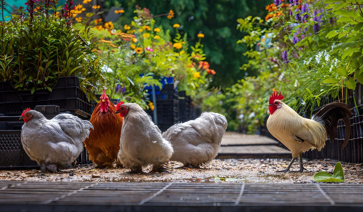Poules et coq dans un jardin