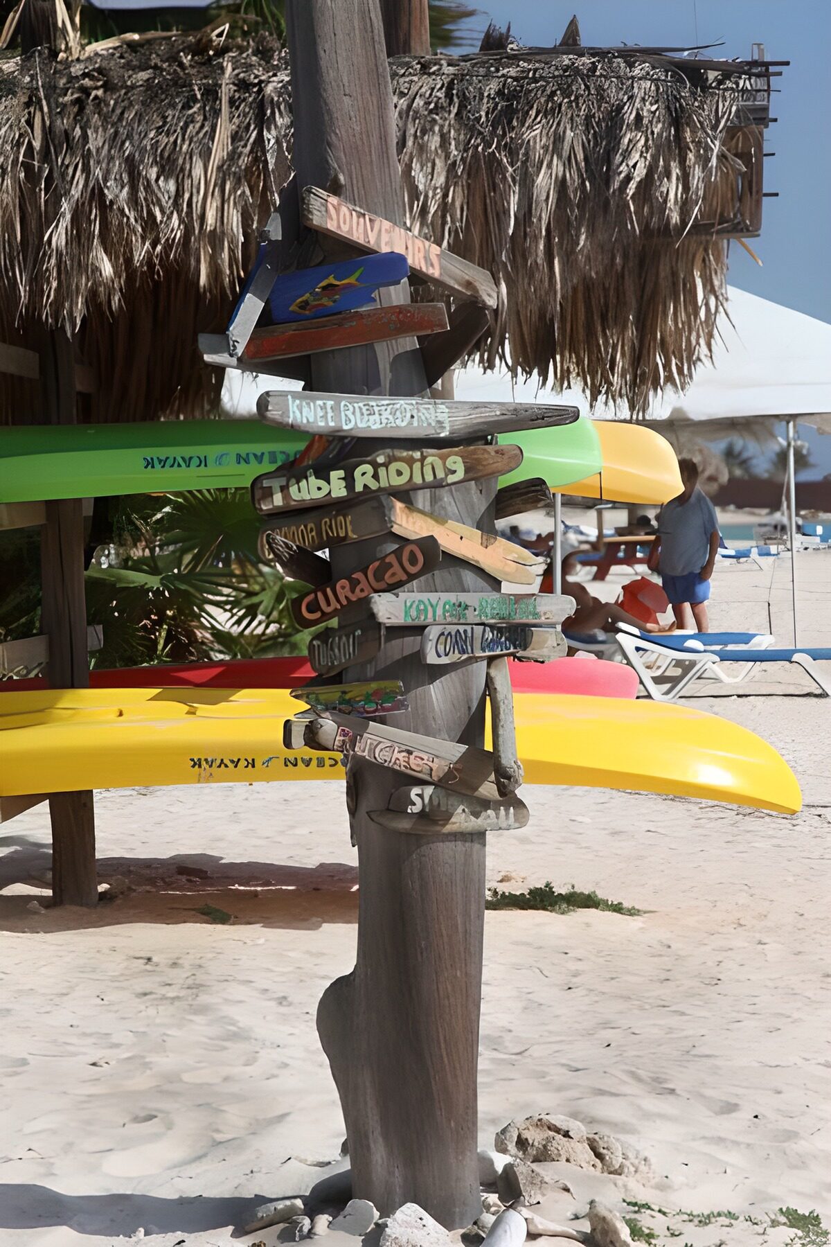 TPFR36778: Pancarte sur une plage avec toutes sortes de directions