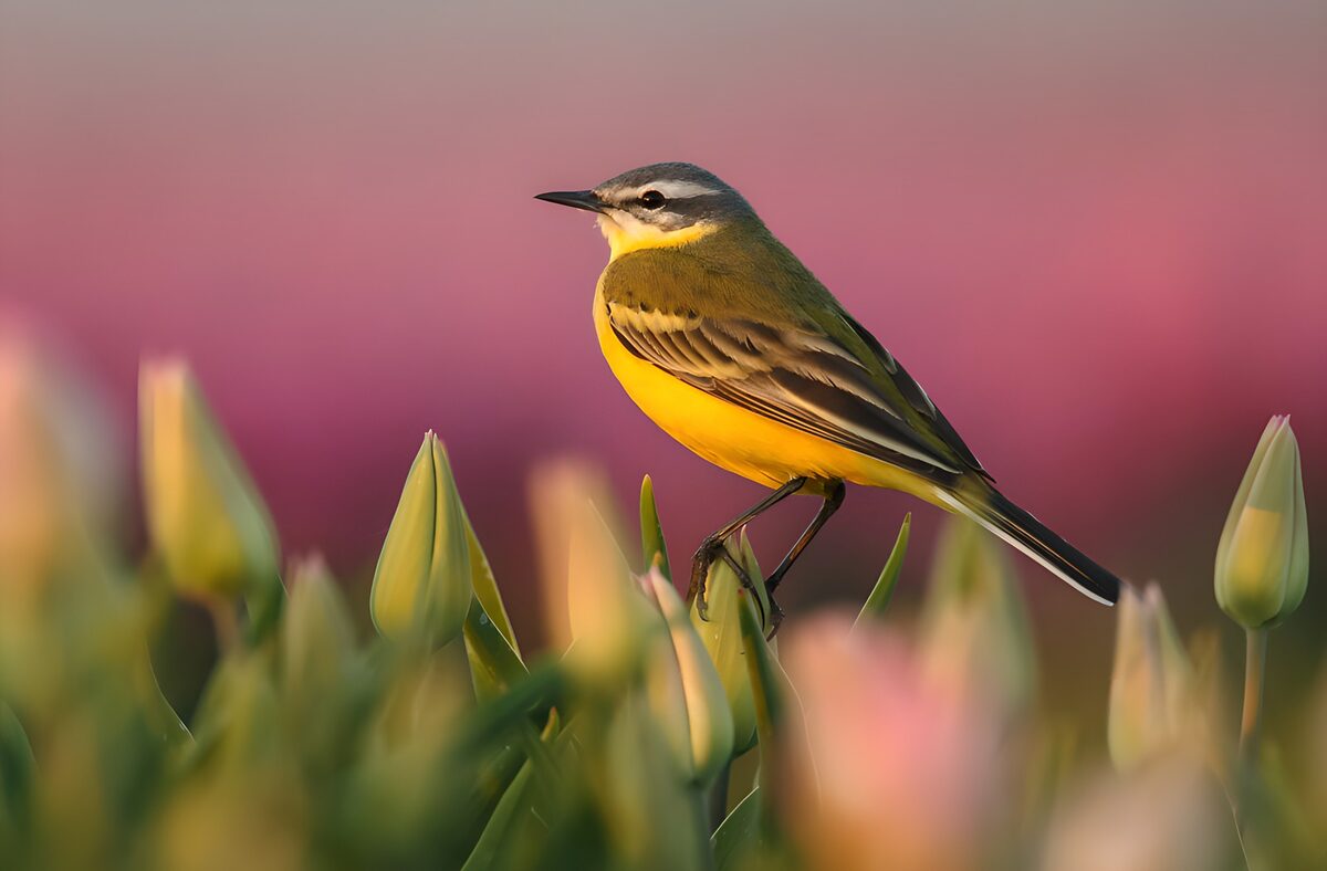 TPFR34569: Oiseau sur des tulipes colorées